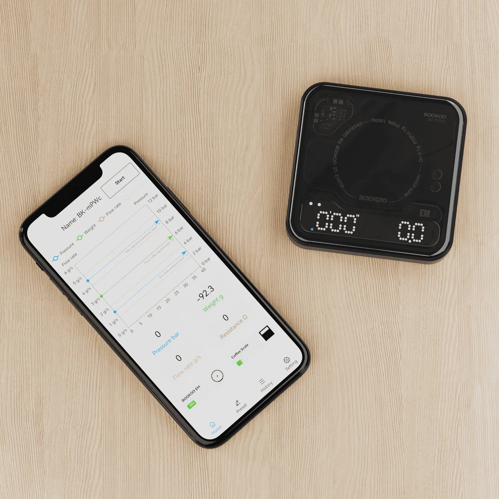 BOOKOO Themis Bluetooth Mini Coffee Scale connects to Beanconqueror, Odyssey Espresso, Decent Coffee Machines. Available in Australia from Need More Beans.